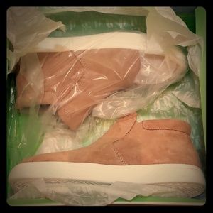 Fabletics Tan/White Sierra Suede High Top Sneakers